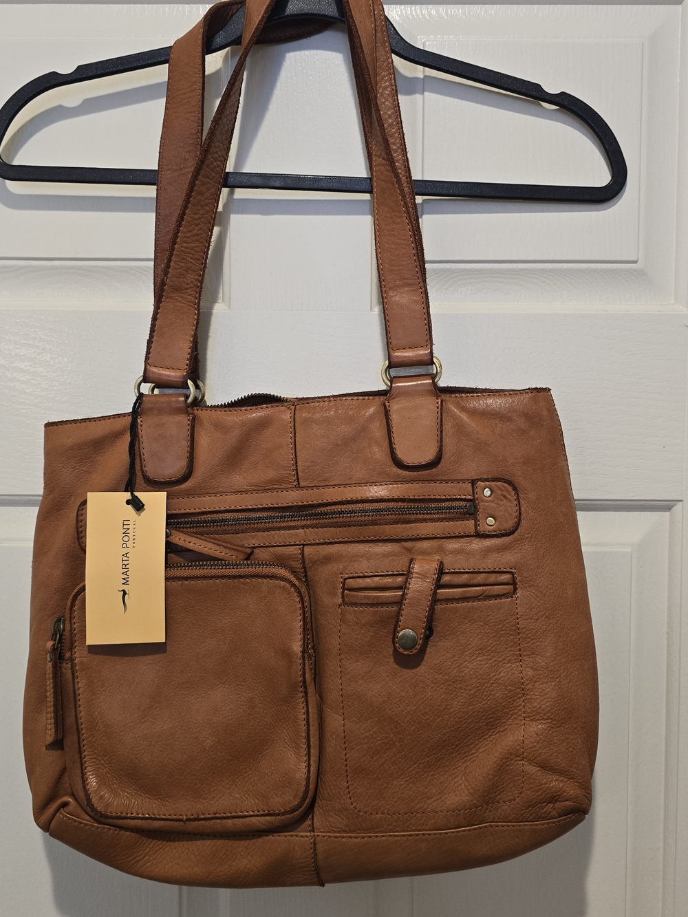Marta Ponti Genuine Leather Tote Bag Cognac Brown Shoulder Bag NWT